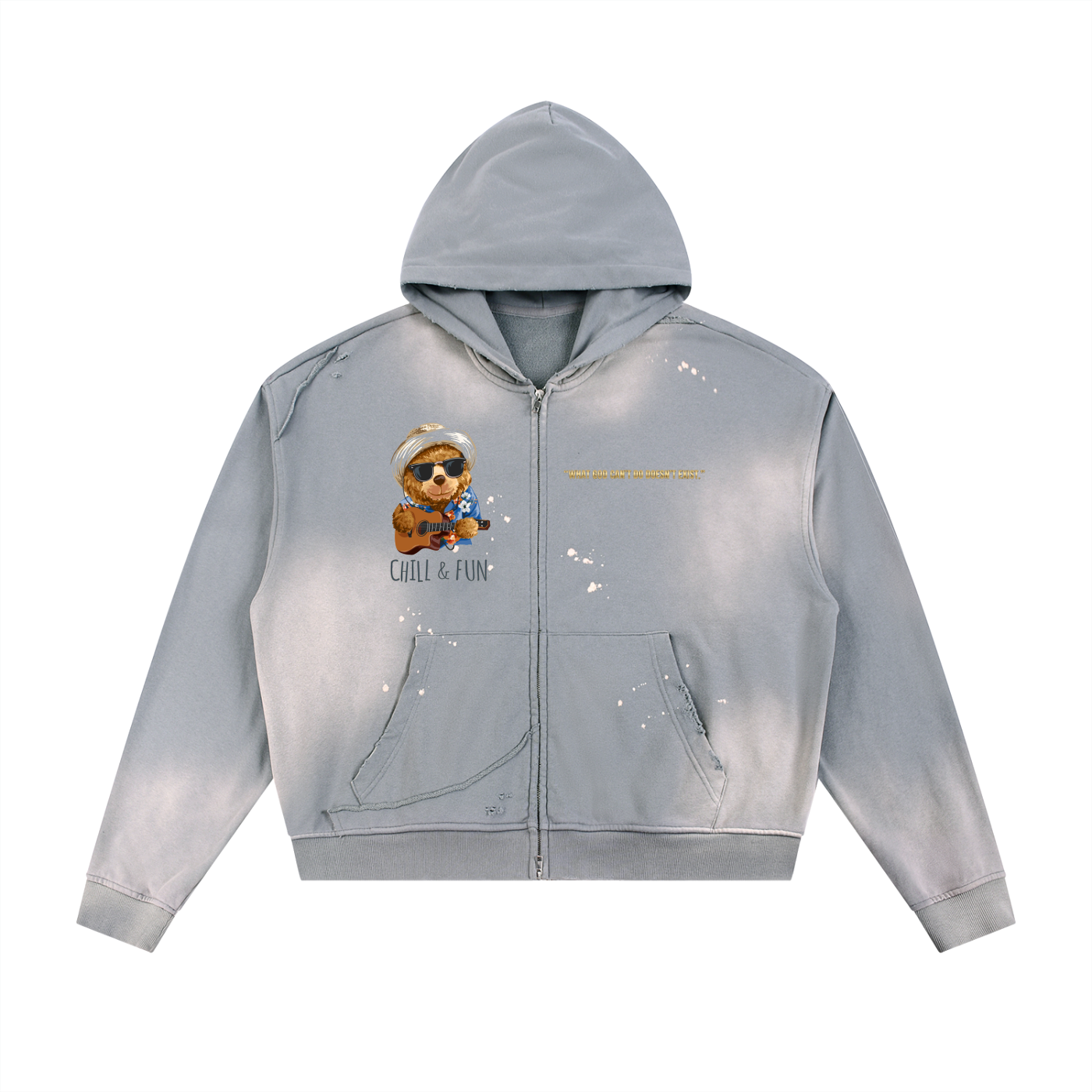 Sun Fade Frayed Raw Edge Fleece Zip Hoodie